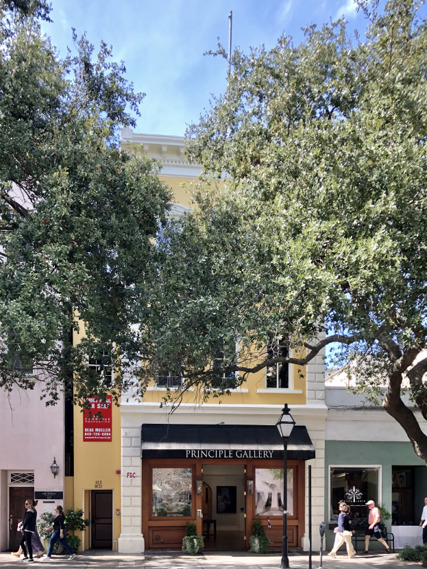 Gruppe von Menschen, die auf einem Bürgersteig vor der Principle Gallery in Charleston, SC, mit Topfpflanzen, einer Straßenlaterne, einem Schild, einer Fahne, einem Fahnenmast und einem bewölkten Himmel gehen.
