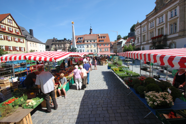 Ein lebendiger Markt im alten Stadtzentrum von Heidelberg mit Menschen, die spazieren gehen, sitzen und stehen, zwischen Zelten mit Körben voller Gemüse, vor einer Kulisse aus Gebäuden, Bäumen und einem klaren blauen Himmel.