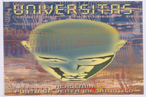 Plakat mit einem kahlköpfigen Mann mit breitem Grinsen, geschlossenen Augen und friedlichem Ausdruck, umgeben von Text und Zahlen, mit "Universitas" in fetter schwarzer Schrift.