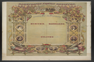 Ein illustrierter Familienstammbuch-Eintrag mit schwarzem Hintergrund, geschmückt mit Bildern von Menschen und Text, der "Geburten, Hochzeiten, Tode" liest.