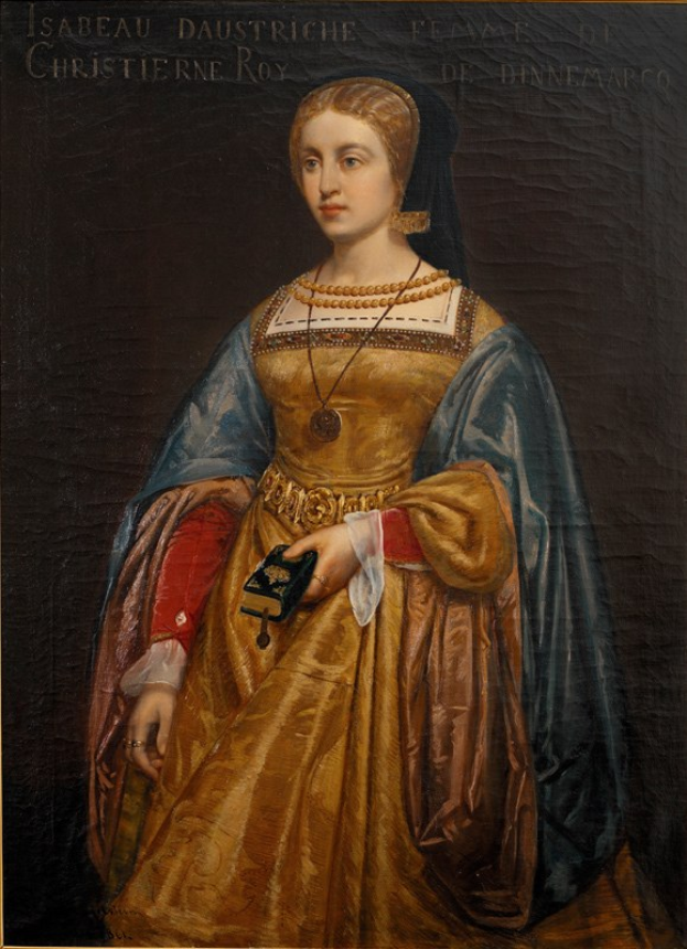 Gemälde von Isabella daustriche in einem goldenen Kleid mit feinen Details, ihre Haare zu einem ordentlichen Knoten gebunden, majestätisch mit einem friedlichen Ausdruck, von Christierne Roy.