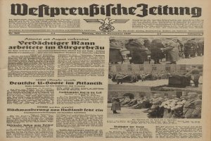 Schwarze und weiße Titelseite einer deutschen Zeitung vom 13. November 1939, betitelt 'Weitpreubliche Zeitung', mit einer Gruppe von Menschen in traditioneller deutscher Kleidung, die feierlich wirken.