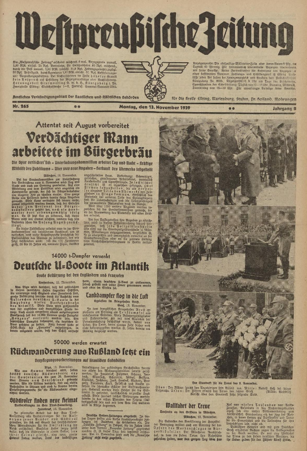 Schwarze und weiße Titelseite einer deutschen Zeitung vom 13. November 1939, betitelt 'Weitpreubliche Zeitung', mit einer Gruppe von Menschen in traditioneller deutscher Kleidung, die feierlich wirken.