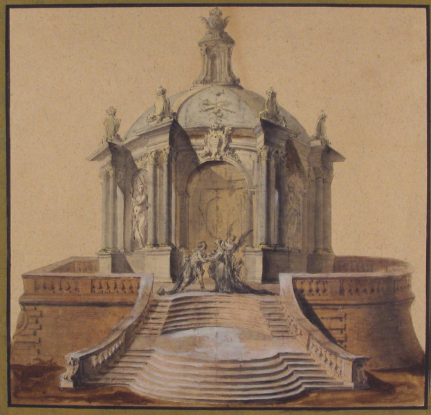 Ein gerahmtes Bild einer klassischen Brunnenstatue mit einer Statue darauf, umgeben von Stufen und zusätzlichen Skulpturen.