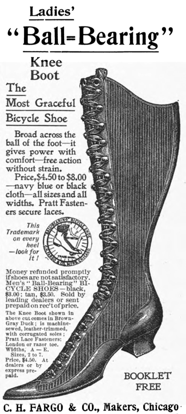 Werbung für ein Paar Damen-Knie-Stiefel mit Kugellager, mit einem zentralen Bild des Stiefels und umgebendem Text.