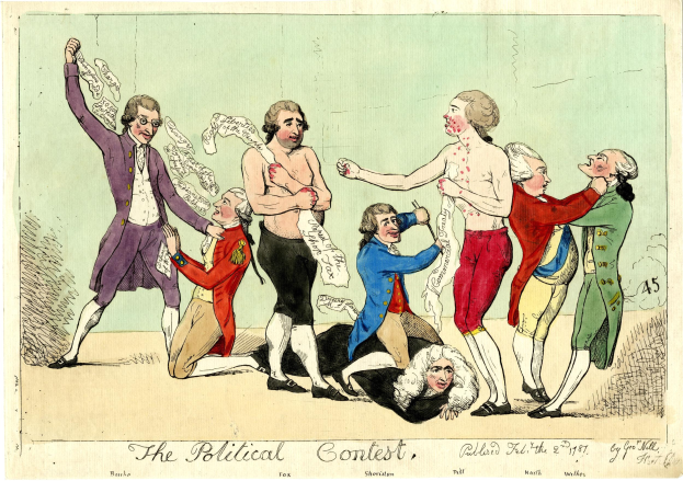 Politisches Karikatur titled "The Political Contest" showing people in colored dresses with one person lying on the ground at the center.