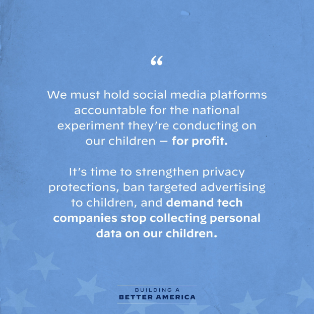 Plakat mit einem Zitat aus Building a Better America, das soziale Medienplattformen für die Profitierung von Experimenten an Kindern kritisiert, dekoriert mit Sternen.