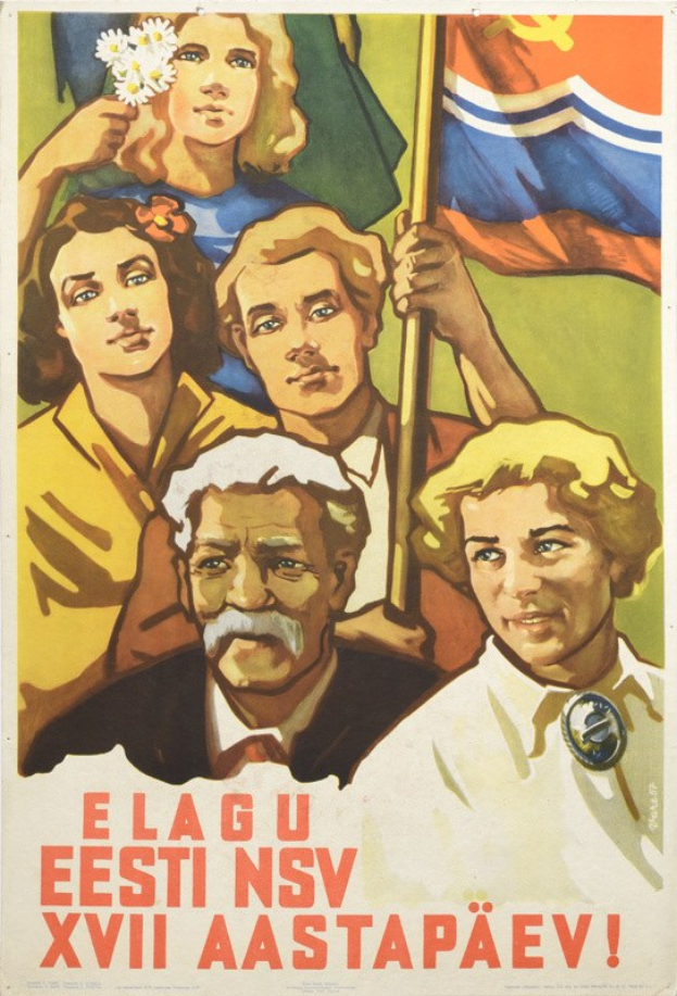 Ein sowjetisches Propagandaplakat, das eine Gruppe von Menschen mit einer Fahne zeigt.