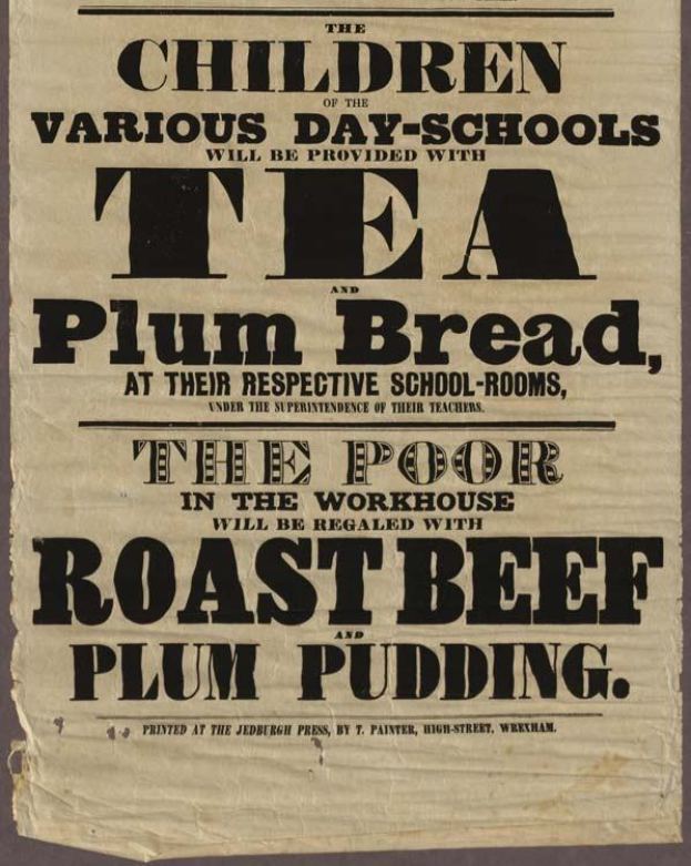 Ein Blatt Papier mit Text, auf dem steht, dass Kinder aus verschiedenen Tagesschulen Tee, Pflaumenbrot, Braten und Pflaumenpudding erhalten werden.