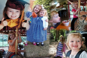 Collage mit lustigen Fahrgeschäften, Kindern, einem Tisch mit Speisen, Besteck, Lichtern, natürlichen Elementen und verschiedenen Gegenständen.