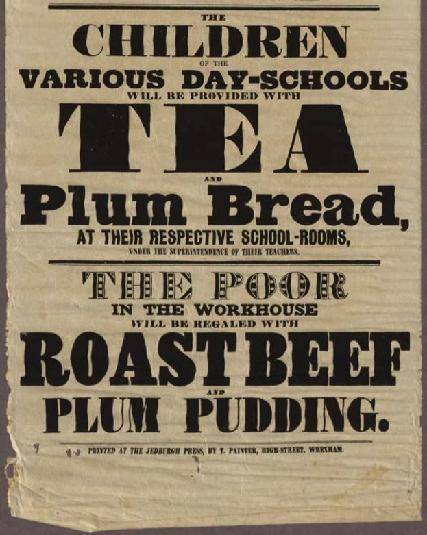 Ein Blatt mit der Aufschrift "Die Kinder der verschiedenen Tagesschulen werden mit Tee, Zwetschgenbrot und Rinderbraten und Zwetschgenpudding versorgt"