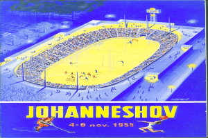Plakat für ein Hockey-Spiel in Johannesburg, Südafrika, 1955 mit einem vollen Stadion, Bäumen, Lichtern und Text mit Zahlen.