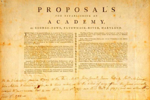 Vorschläge zur Gründung einer Akademie in George Town, Patowack-River, Maryland auf einem alten Rechtsdokument geschrieben.