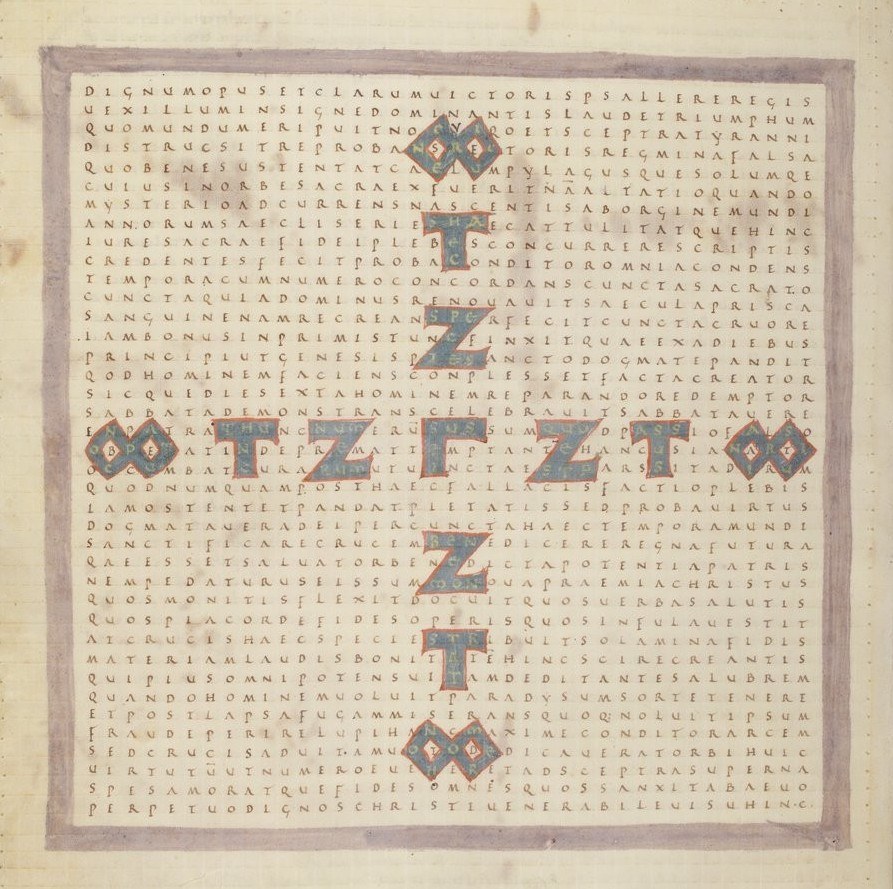 Eine Seite aus einem Buch mit einem Kreuzworträtsel mit Text und Zahlen, bestehend aus Buchstaben und Symbolen.