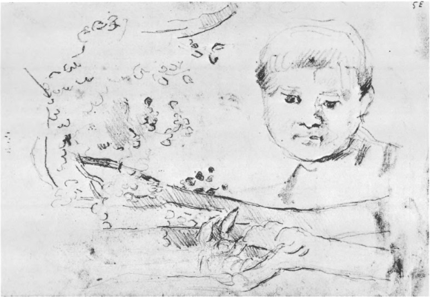 Schwarze und weiße Zeichnung eines jungen Jungen mit geschlossenen Augen, der eine Gitarre spielt, trägt ein weißes Hemd und dunkle Hosen.