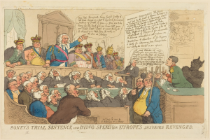 Cartoon-Illustration einer Gerichtsszene mit einem zentralen stehenden Mann, einer sitzenden Jury und einem Tisch mit Gegenständen, betitelt "Boney's Trial, Sentence and Dying Speech Europe's Injuries Revenged."