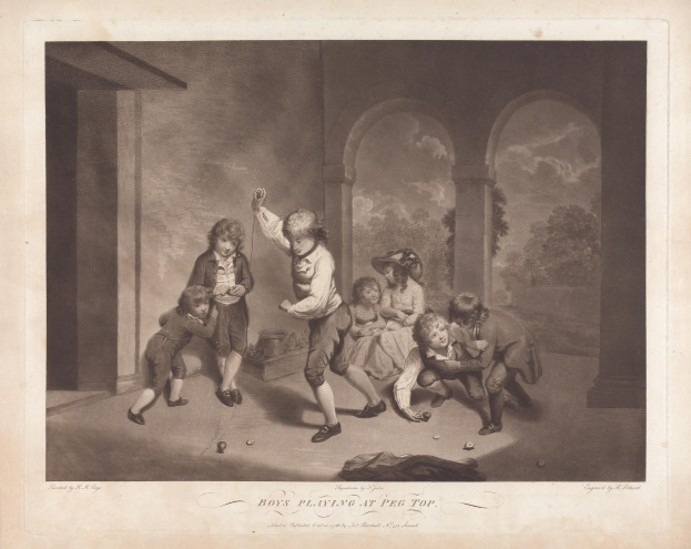 Kinder, die in einer Außenumgebung mit Bäumen, Säulen und einem bewölkten Himmel ein Spiel mit Stecknadeln spielen; Text unten lautet "Jungen beim Stecknadeln".