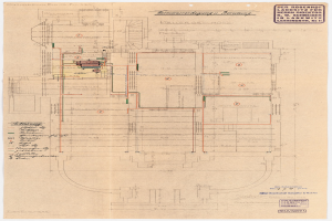 Schwarze und weiße architektonische Zeichnung des Rosenhof-Krankenhauses in Hamburg, Deutschland, die detaillierte Grundrisse mit beschrifteten Räumen, Gängen und zahlreichen Stromkabeln zeigt.
