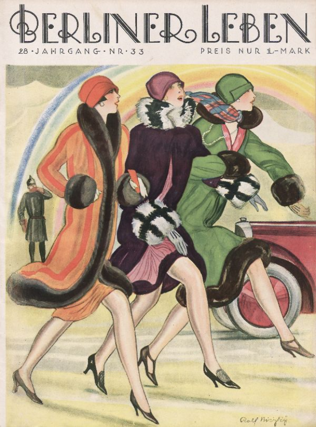 Ein Plakat einer Berliner Leben-Zeitschrift von Februar 1933 mit drei Frauen in bunten Kleidern und Hüten auf der Straße, einem Auto im Hintergrund und einer Person in der Nähe, sowie Text.