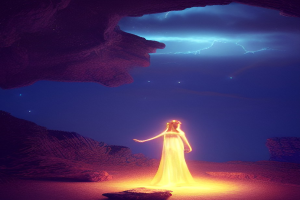 Eine Frau in einem gelben Kleid steht in einer Höhle umgeben von Felsen, beleuchtet von hellem Licht, mit einem sternenklaren Himmel und einem Gewitter im Hintergrund.