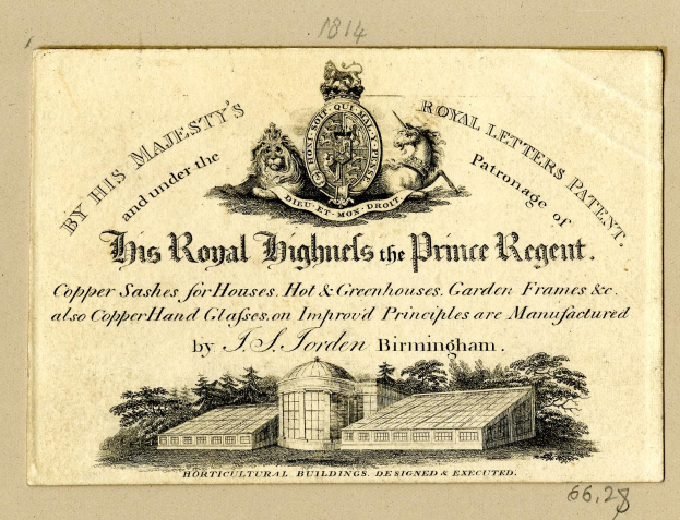 Alte Visitenkarte mit einem Bild eines Gebäudes mit Bäumen, Text 'Die königlichen Hochhäuser des Prince Regent' und einem Logo.