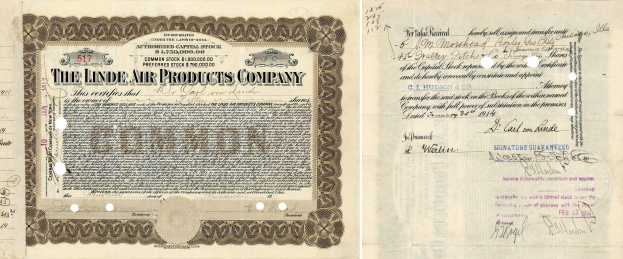 Altes Aktienzertifikat der Linde Air Products Company, ein Papierdokument mit gedrucktem und handgeschriebenem Text, der Aktieninformationen enthält.