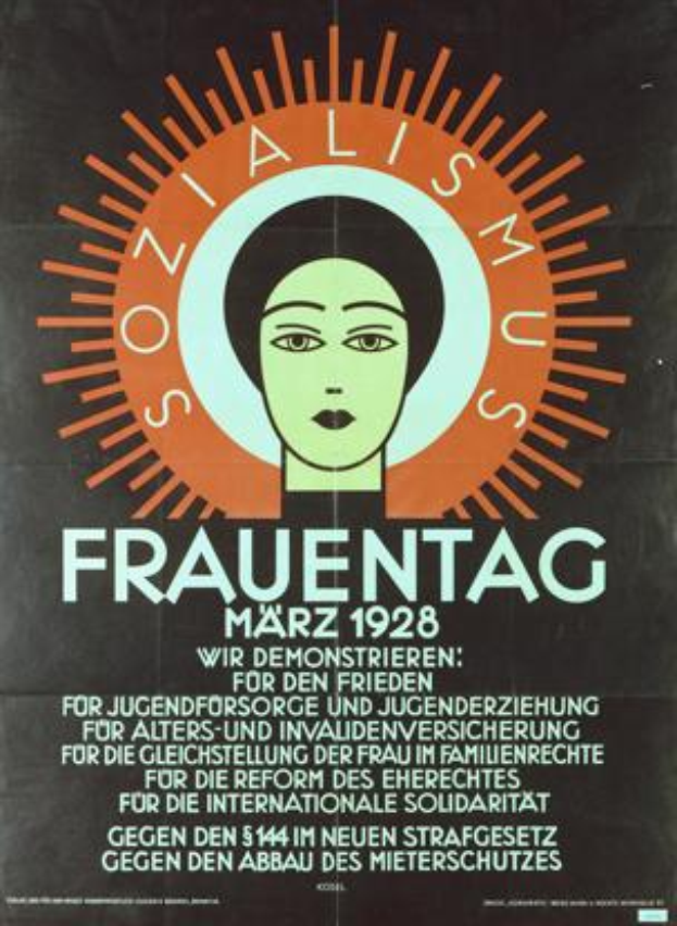 Ein Plakat aus dem Jahr 1928 mit einem Frauengesicht und der Aufschrift "Frauentag" in fetter, schwarzer Schrift, das die Internationale Solidaritätsbewegung bewirbt.