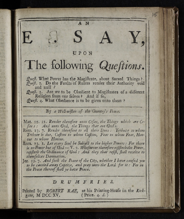 Ein aufgeschlagenes Buch mit den Worten "ein Aufsatz über die folgenden Fragen" auf den Seiten gegen einen schwarzen Hintergrund.