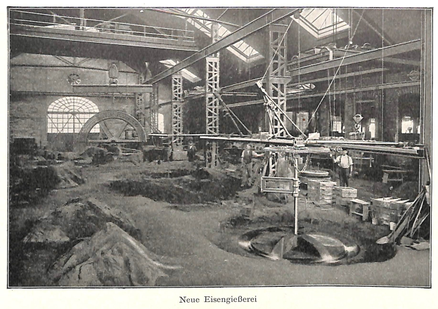 Schwarzes und weißes Foto einer Fabrikhalle mit Arbeitern an Maschinen, Metallstangen und -rohren, beschriftet mit "Neue Eisengießerei, die erste Fabrik in Deutschland" unten.