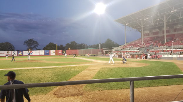 Baseballspiel in einem Stadion mit Zuschauern auf den Tribünen, Bäumen, Pfählen, Lichtern, Werbetafeln und einem klaren blauen Himmel im Hintergrund.
