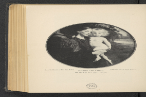 Ein aufgeschlagenes Buch mit einem Bild einer Frau, die ein Baby hält, beide mit warmem Gesichtsausdruck, und der Text "Mutter und Kind" auf dem Cover.