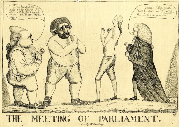 Eine handgezeichnete Papierillustration mit dem Titel "Die Parlamentssitzung" zeigt drei Personen, die stehen und sich unterhalten, wobei eine Person lebhaft gestikuliert.