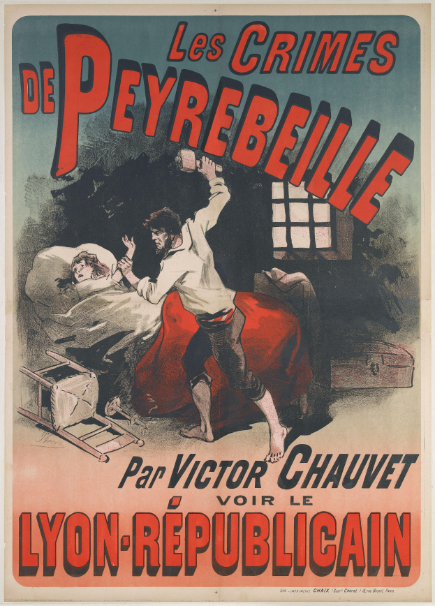 Ein Plakat mit einem Mann und einer Frau auf einem Bett in Notlage, mit einem offenen Fenster dahinter, betitelt mit "Les Crimes de Peyrebeille - Victor Chauvet - Lyon-Republicain".