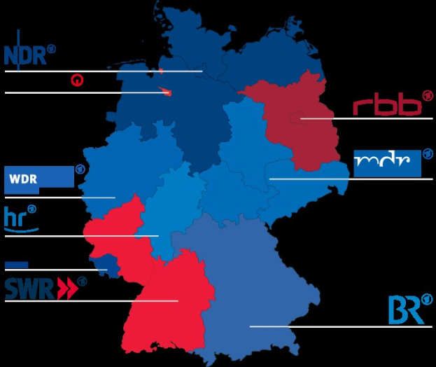 Eine Deutschlandkarte mit Bundesländern in rot und blau, die die Ergebnisse der Wahl 2016 anzeigen, einschließlich der Namen der Kandidaten und weiterer Wahl details.