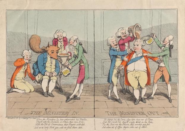 Cartoon von einer Gruppe von Menschen in bunten Kändern, einige halten Gegenstände, mit Text unten lesend "Der Minister im Minister Out".