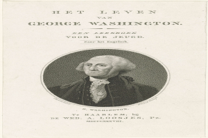 Porträt von George Washington auf bedrucktem Papier, frontal mit ernstem Gesichtsausdruck, gekleidet in Anzug und Krawatte mit zurückgekämmtem Haar.