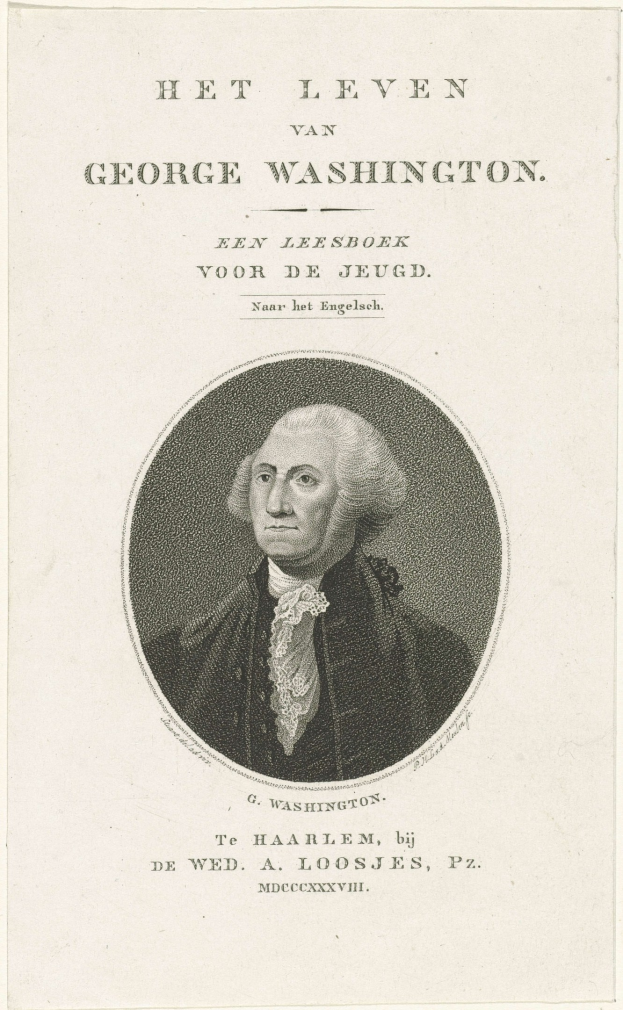 Porträt von George Washington auf bedrucktem Papier, frontal mit ernstem Gesichtsausdruck, gekleidet in Anzug und Krawatte mit zurückgekämmtem Haar.