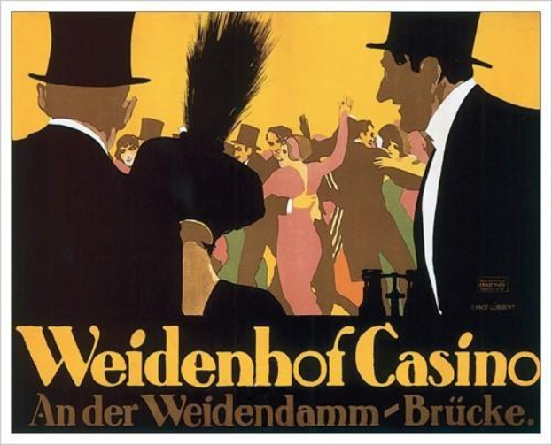 Ein Plakat, das das Weidenhof Casino in Brücke, Deutschland bewirbt, zeigt eine lebendige Illustration von Menschen, die tanzen und Spaß haben, mit den Worten "Weidenhof" in fetter Schrift oben drauf, eingerahmt von einem schwarzen Rand.