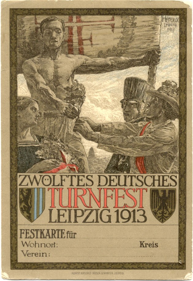 Plakat für das Zwölfte Deutsche Turnfest Leipzig 1913, mit einer zentralen Personengruppe und Text mit Veranstaltungseinzelheiten.