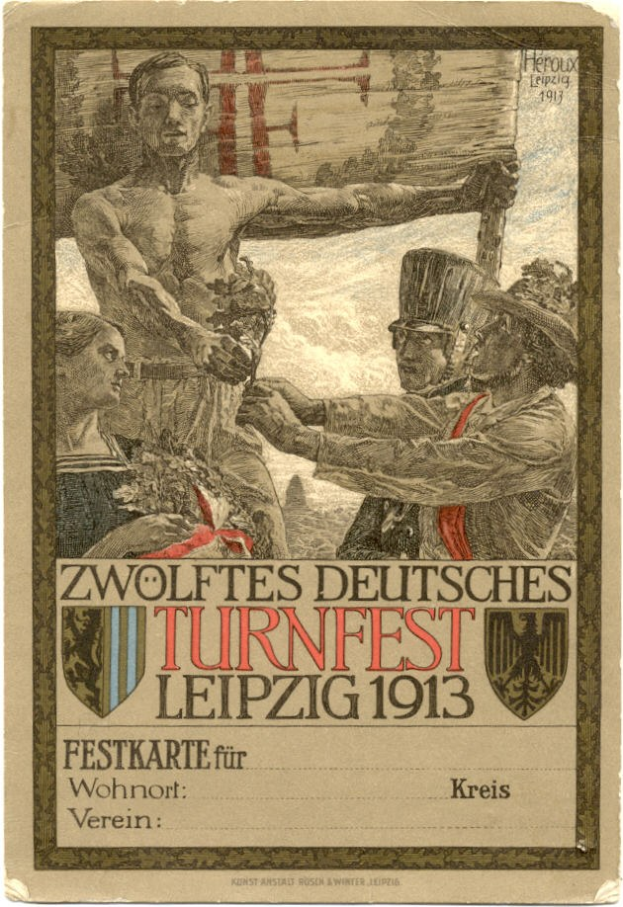 Plakat für das Zwölfte Deutsche Turnfest Leipzig 1913, mit einer zentralen Personengruppe und Text mit Veranstaltungseinzelheiten.