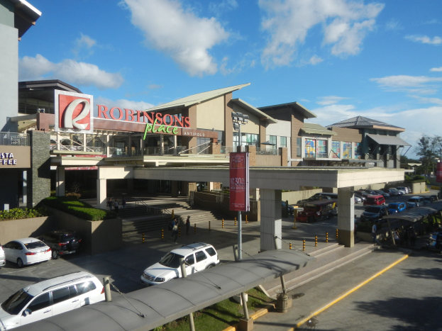 Ein belebter Einkaufszentrum mit Gebäuden, Geschäften, Fahrzeugen, Fußgängern, Straßenmöblierung, Grünflächen und einer bewölkten Himmel.