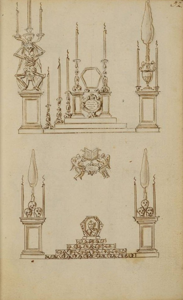 Ein Buch mit einer illustrierten Tafel mit brennenden Kerzen, detaillierten Designs und einer warmen Atmosphäre.