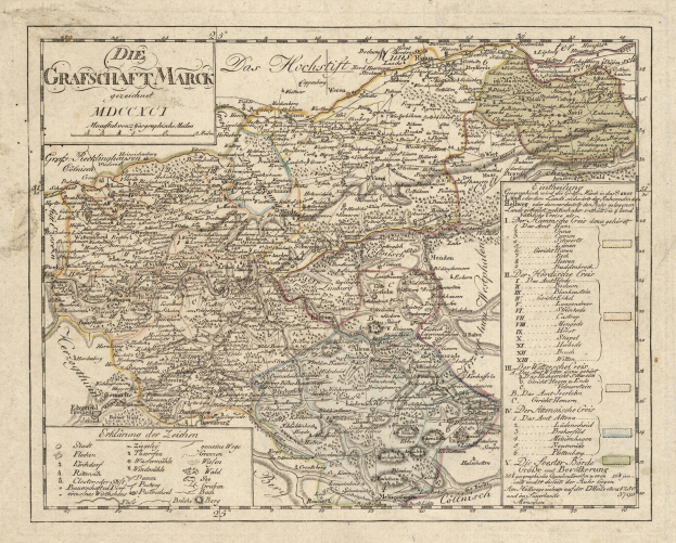 Ein detaillierter alter Stadtplan von München, Deutschland, mit Straßen, Parks, Flüssen und Sehenswürdigkeiten, umgeben von einem dekorativen Rahmen in Blau-, Grün- und Gelbtönen.