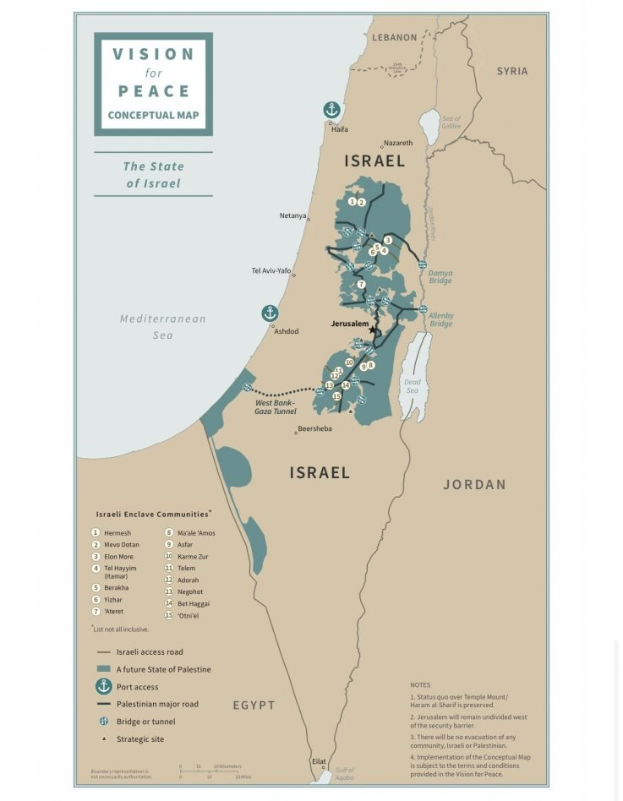 Ein Plakat mit der Aufschrift "Vision für Frieden - Konzeptkarte" mit einer farbcodierten Karte von Israel in fetter schwarzer Schrift.