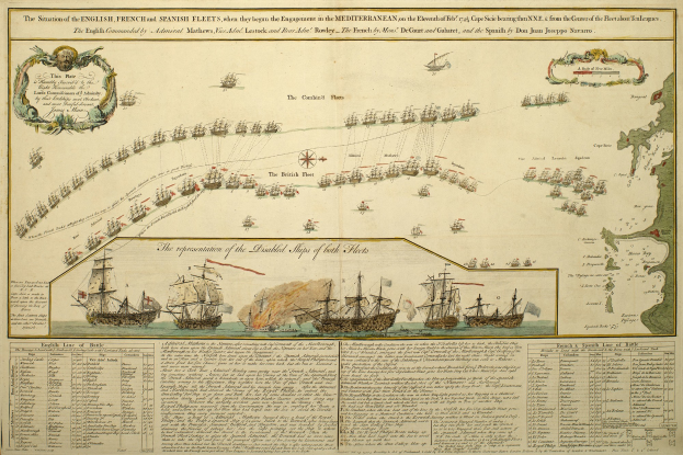 Eine Karte der britischen und spanischen Flotte im Mittelmeer auf einem Blatt Papier mit Textdetails und mehreren Schiffen im Hintergrund.
