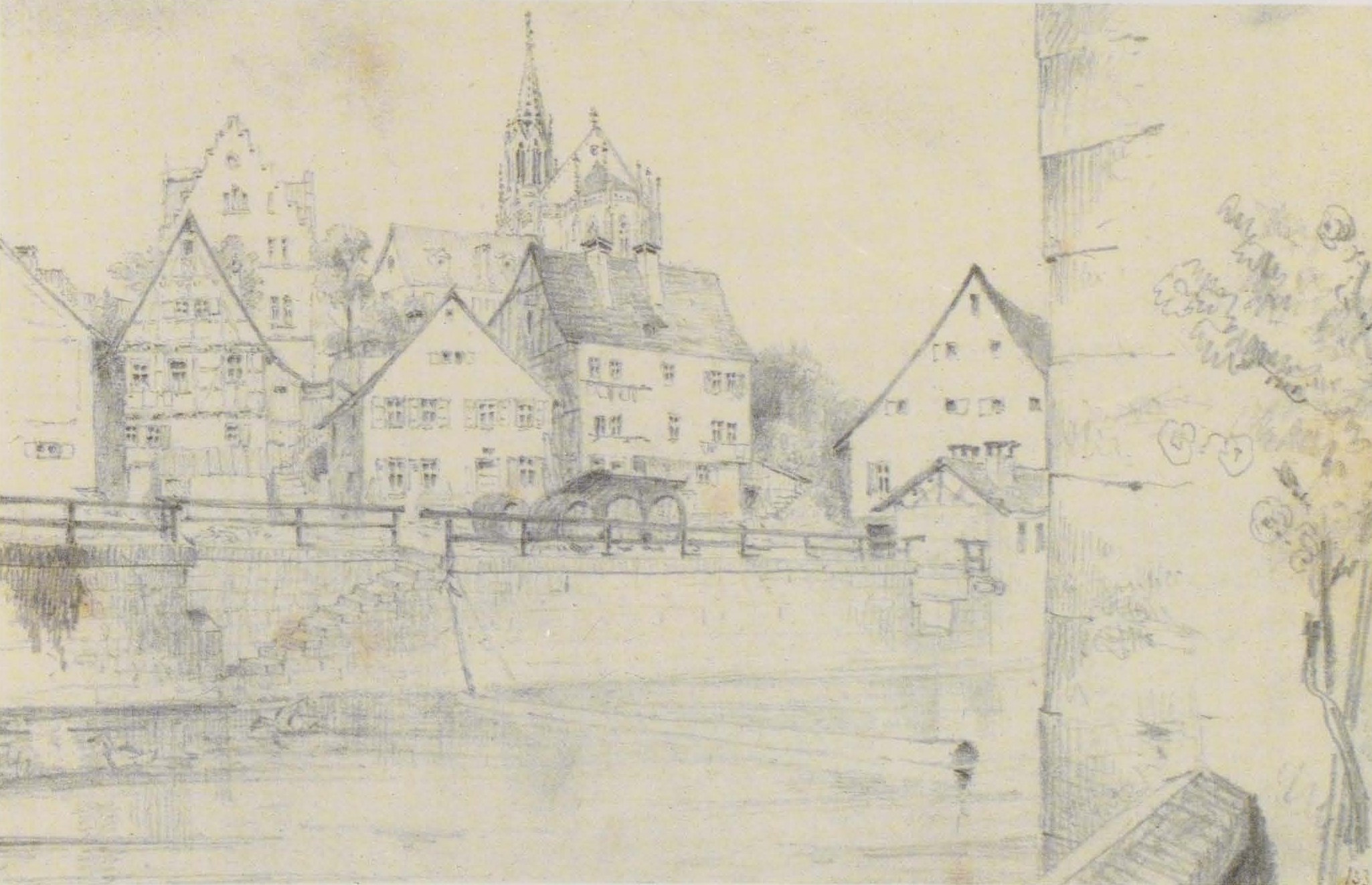 Bleistiftzeichnung betitelt "Nürnberg, Deutschland" von Joseph Mallord William Turner, die eine Stadtlandschaft mit einem Fluss, Gebäuden, Bäumen und einer Brücke zeigt.