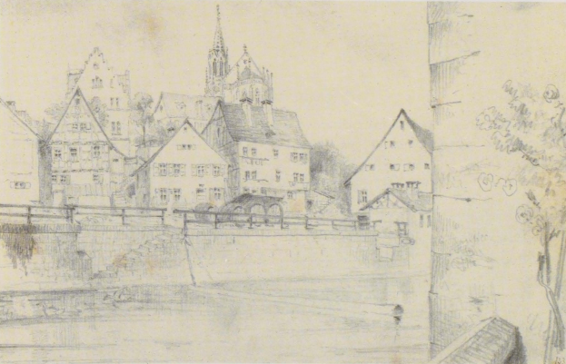 Bleistiftzeichnung betitelt "Nürnberg, Deutschland" von Joseph Mallord William Turner, die eine Stadtlandschaft mit einem Fluss, Gebäuden, Bäumen und einer Brücke zeigt.