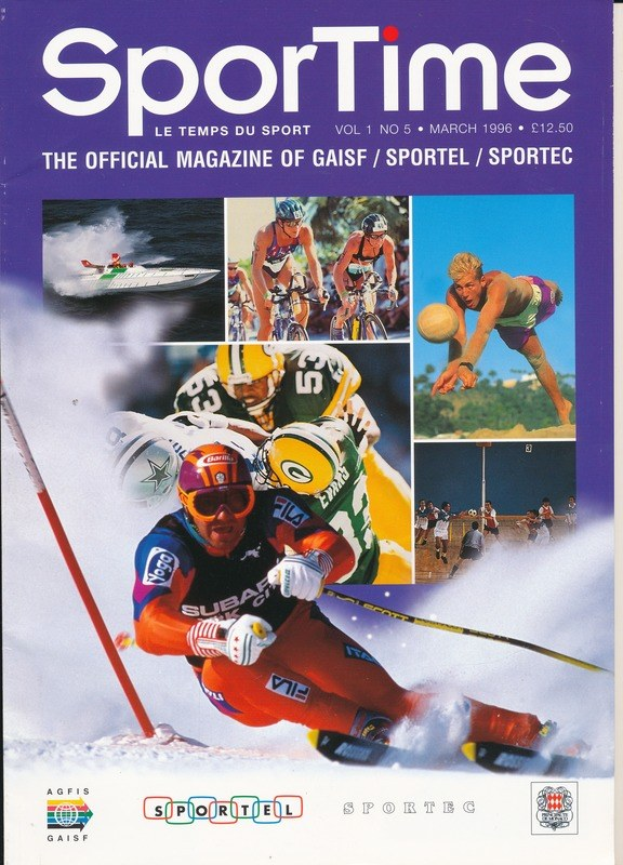 Titelbild von *Sporttime Magazine* (März 1996) mit Skifahren und Snowboarden-Imagerie mit Text und Logos.