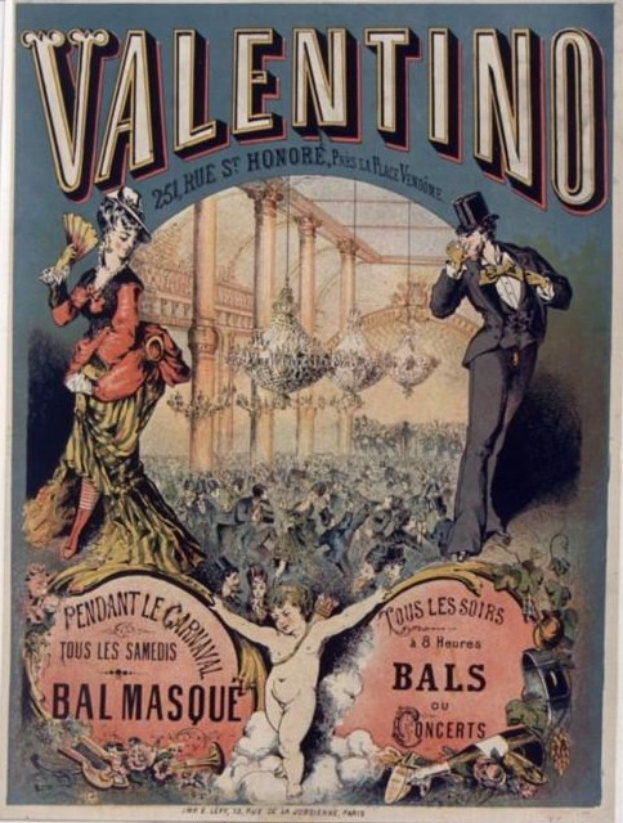 Ein Plakat, das eine Valentinstagsparty in Paris ankündigt, zeigt einen Mann mit Zylinder und eine Frau in einem langen Kleid nebeneinanderstehend, mit Text auf dem Plakat.