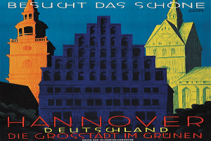 Ein Plakat, das Hannover, Deutschland bewirbt und ein paar Gebäude und Bäume zeigt, mit Text, der Informationen über die Stadt enthält.